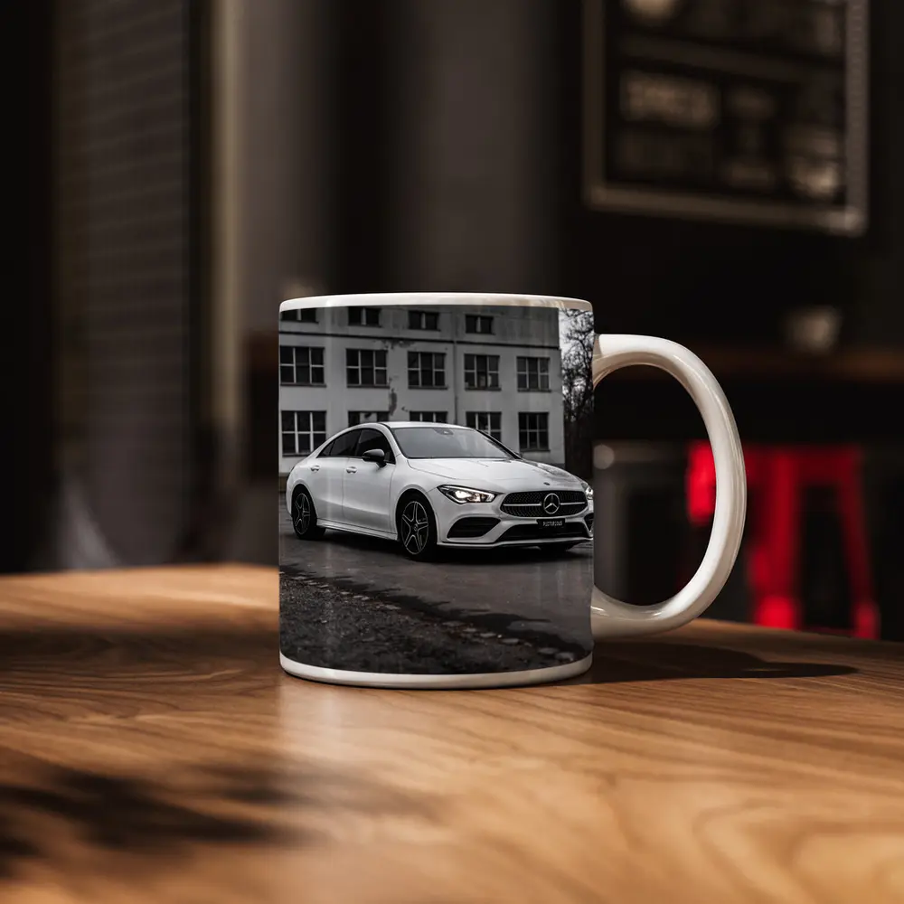 Mercedes CLA White Coupe Urban Background – Mugs