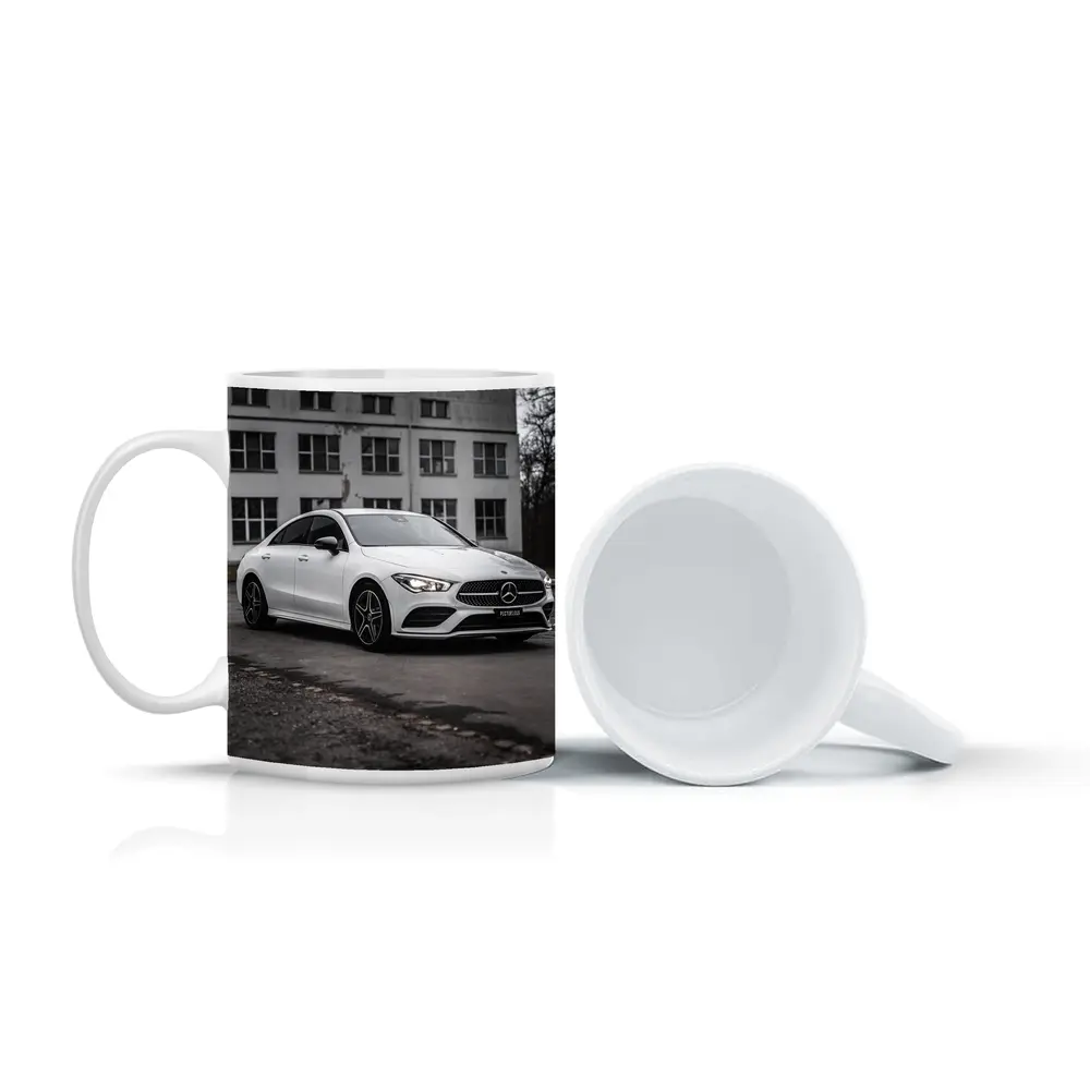 Mercedes CLA White Coupe Urban Background – Mugs