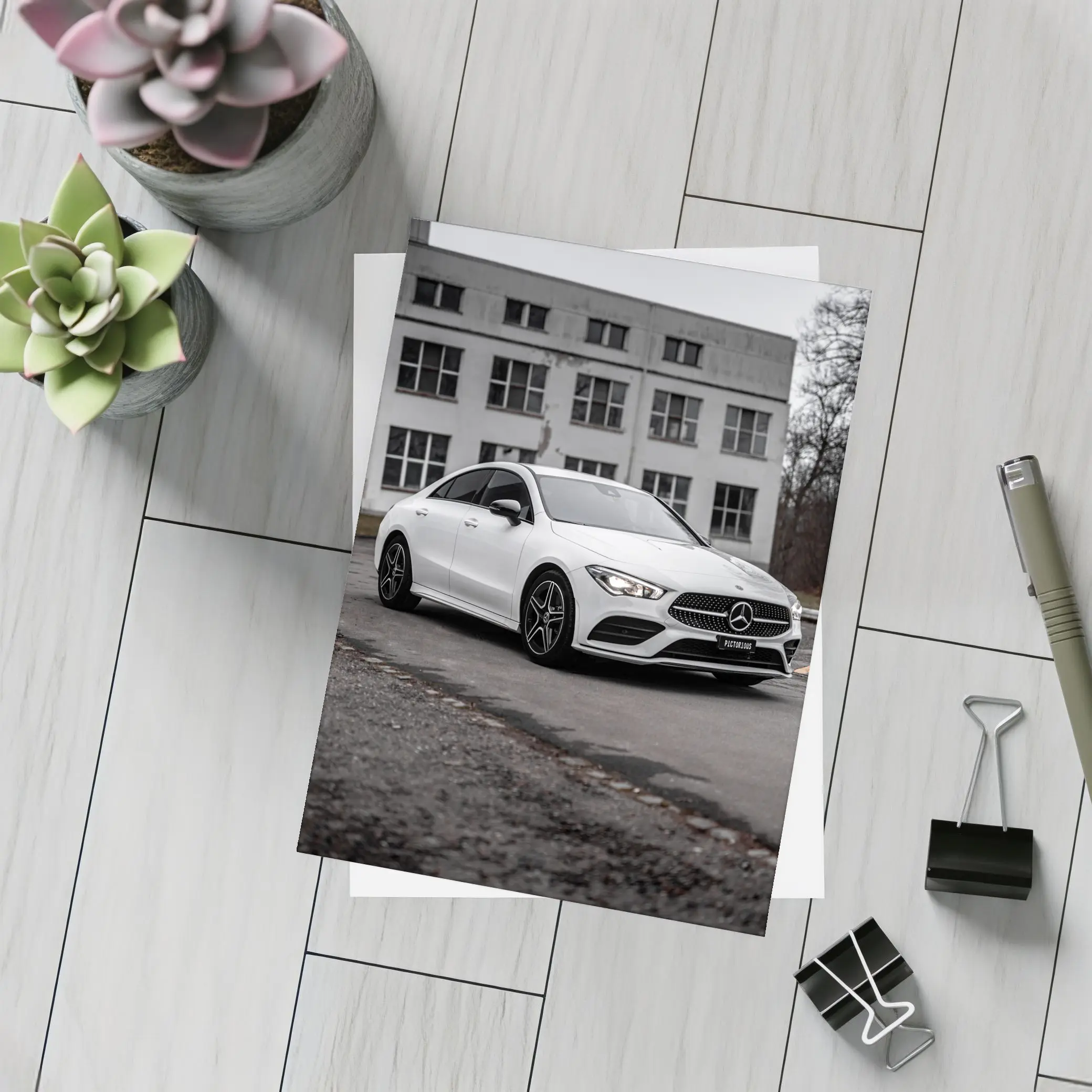 Mercedes CLA White Coupe Urban Background – Postcards