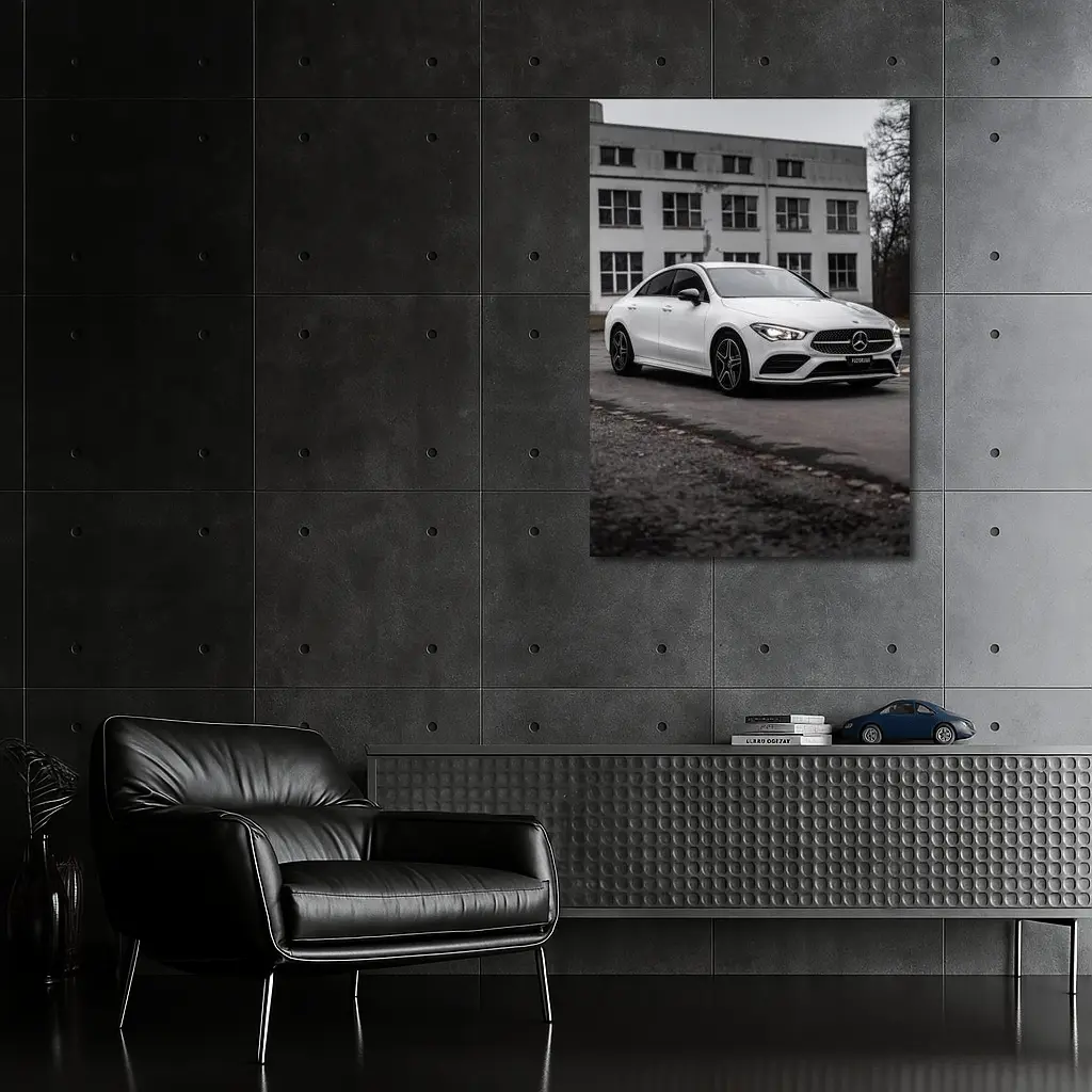Mercedes CLA White Coupe Urban Background – Wall Art