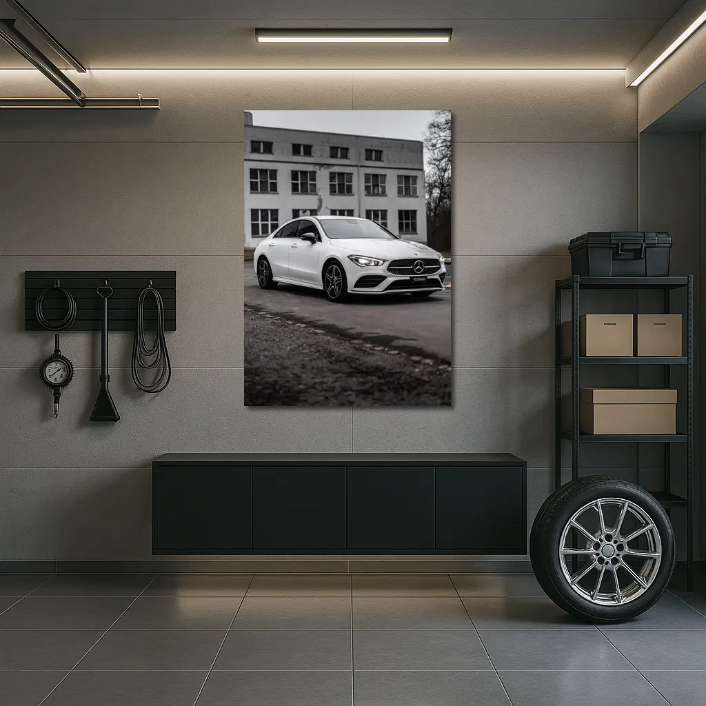 Mercedes CLA White Coupe Urban Background – Wall Art