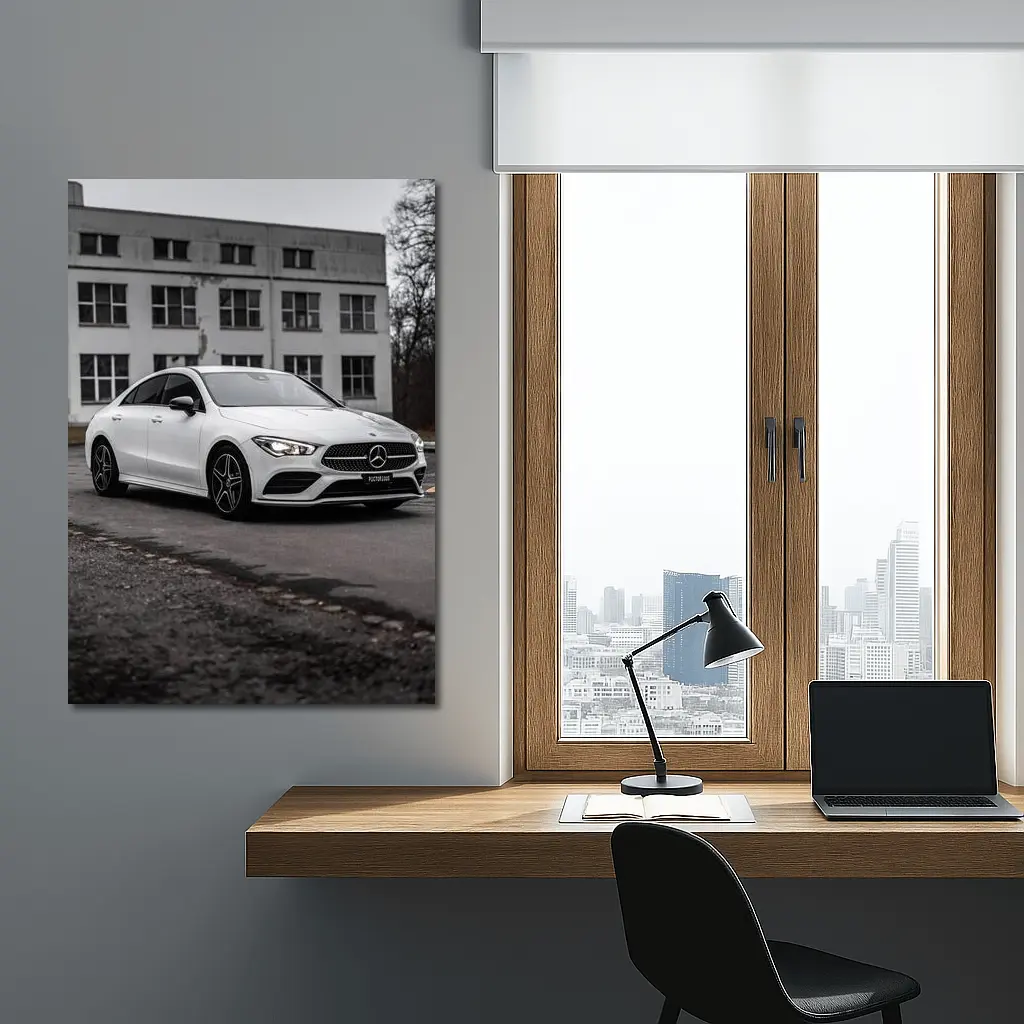 Mercedes CLA White Coupe Urban Background – Wall Art