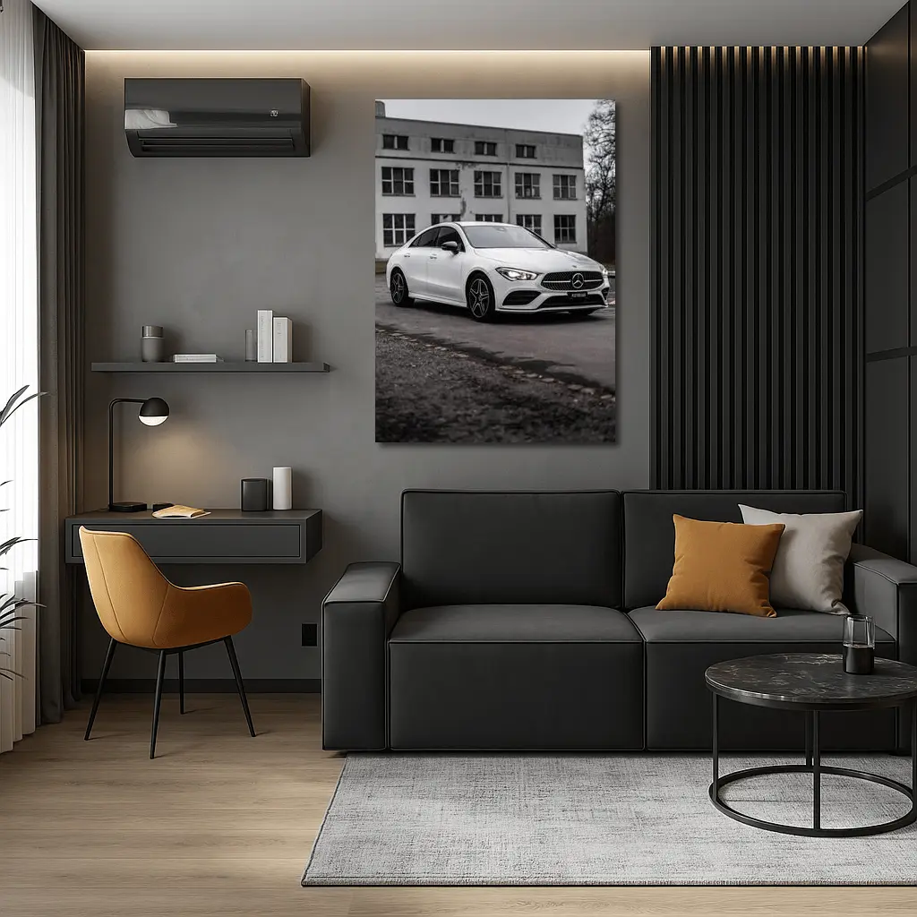 Mercedes CLA White Coupe Urban Background – Wall Art