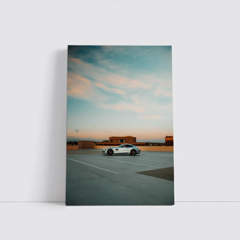 Mercedes AMG GT Silver Rooftop Parking Sunset – Wall Art