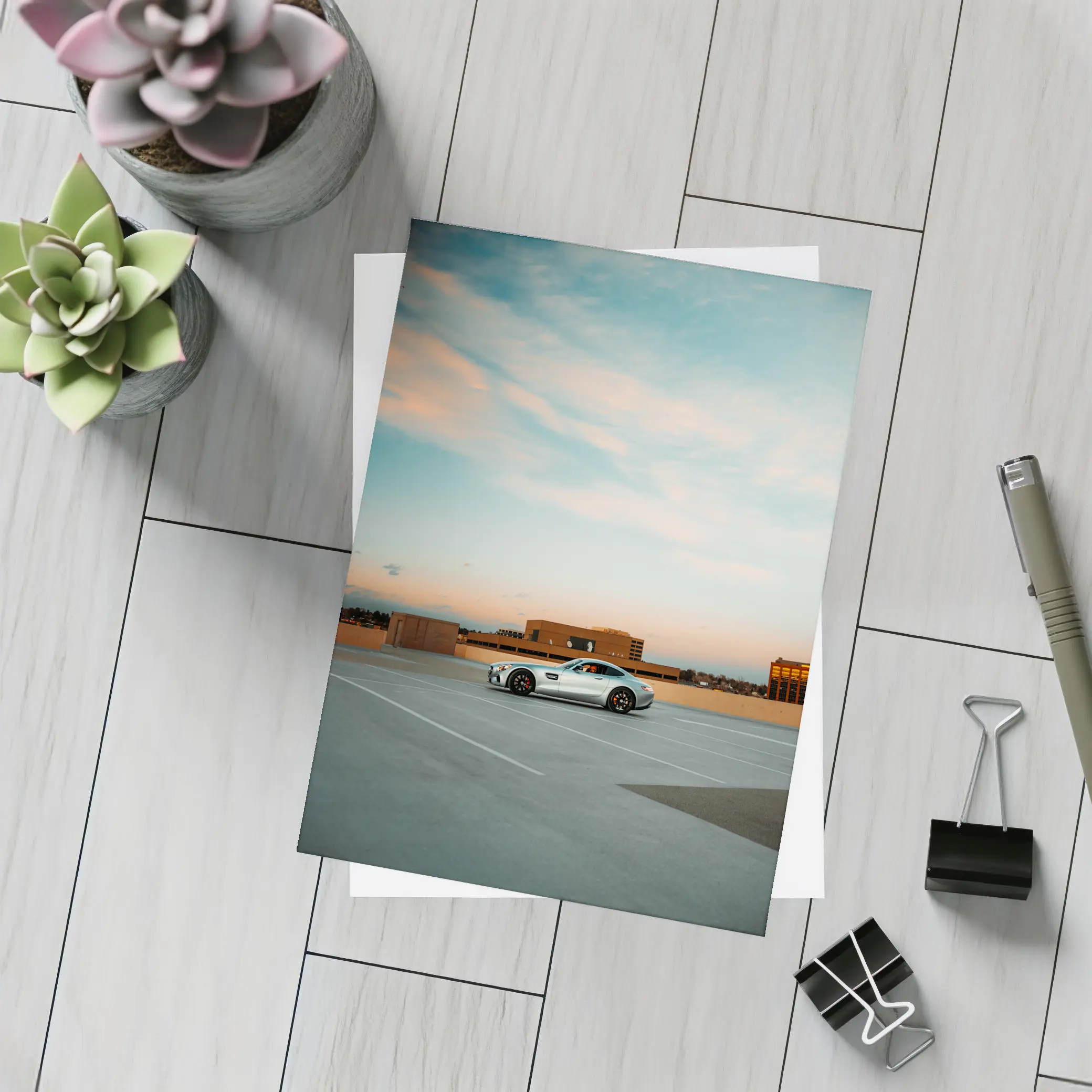 Mercedes AMG GT Silver Rooftop Parking Sunset – Postcards