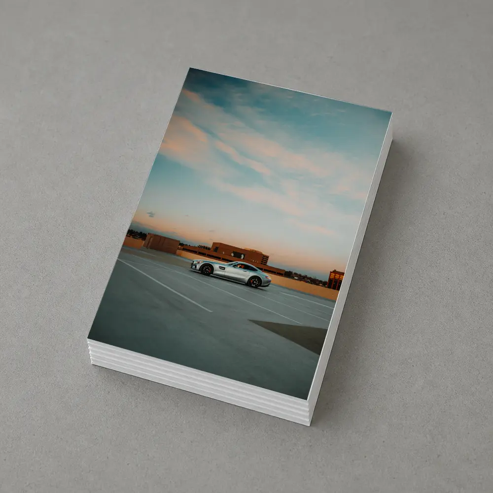 Mercedes AMG GT Silver Rooftop Parking Sunset – Postcards