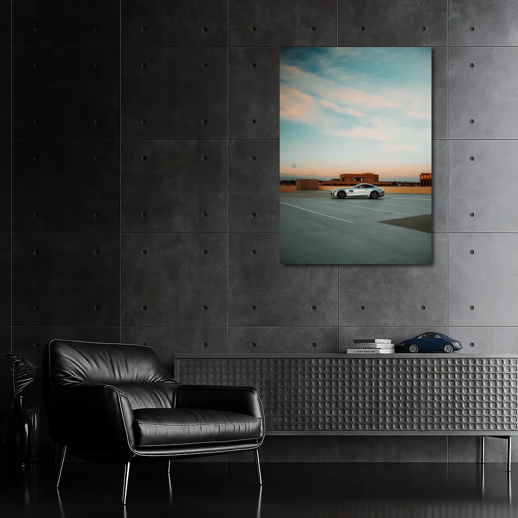 Mercedes AMG GT Silver Rooftop Parking Sunset – Wall Art