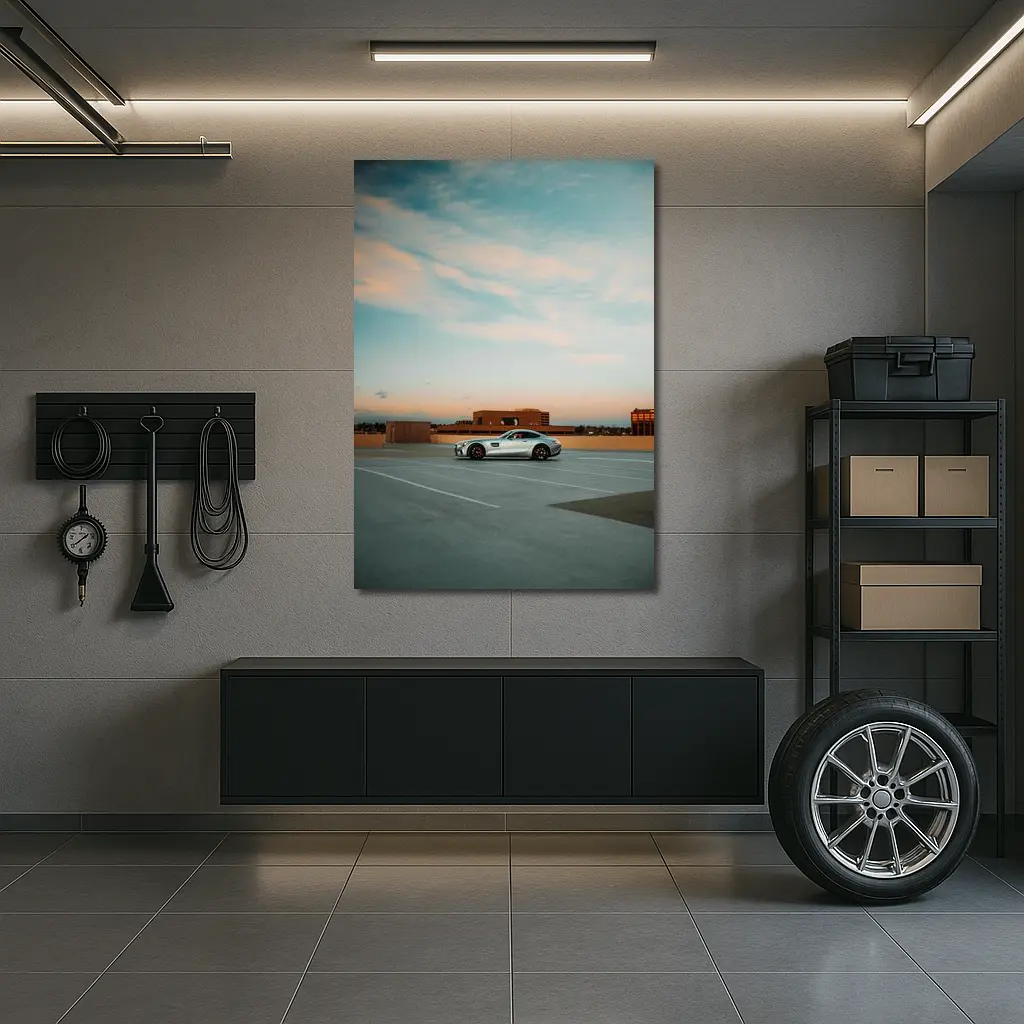 Mercedes AMG GT Silver Rooftop Parking Sunset – Wall Art