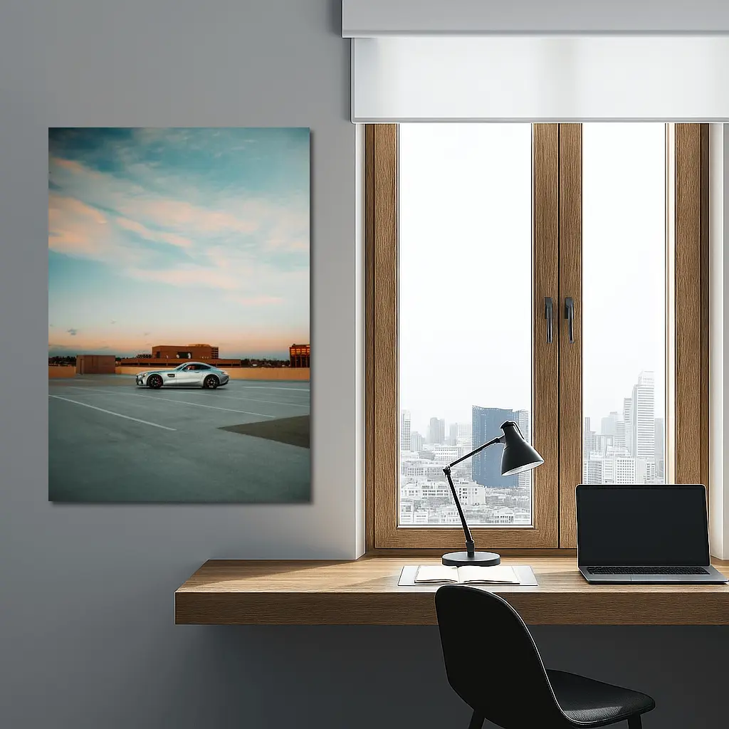 Mercedes AMG GT Silver Rooftop Parking Sunset – Wall Art