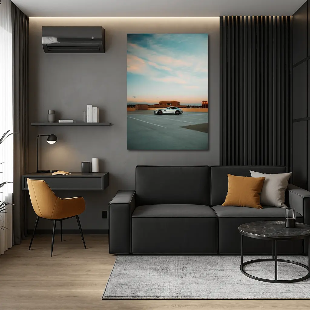 Mercedes AMG GT Silver Rooftop Parking Sunset – Wall Art