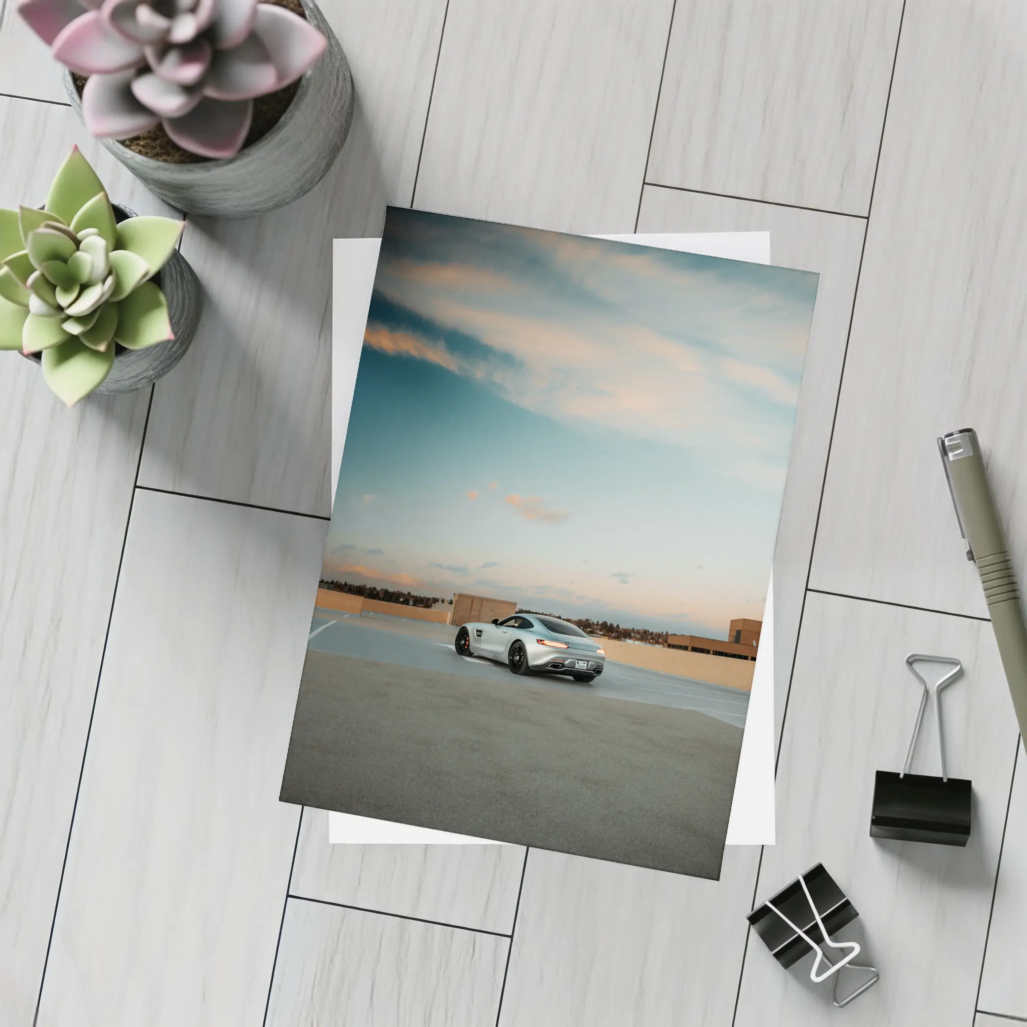 Mercedes AMG GT Silver Rooftop Sunset Sky – Postcards