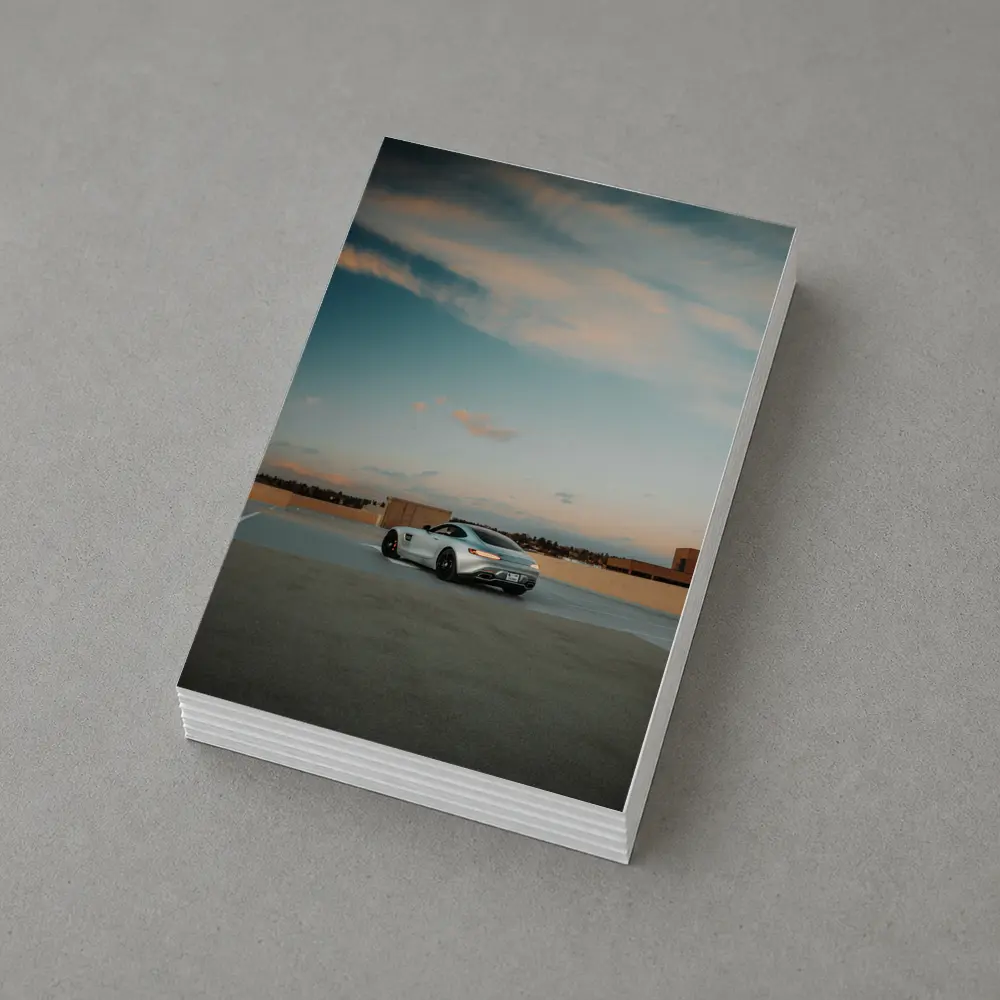 Mercedes AMG GT Silver Rooftop Sunset Sky – Postcards
