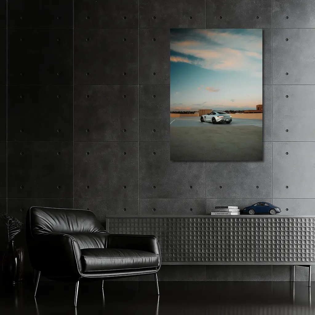 Mercedes AMG GT Silver Rooftop Sunset Sky – Wall Art