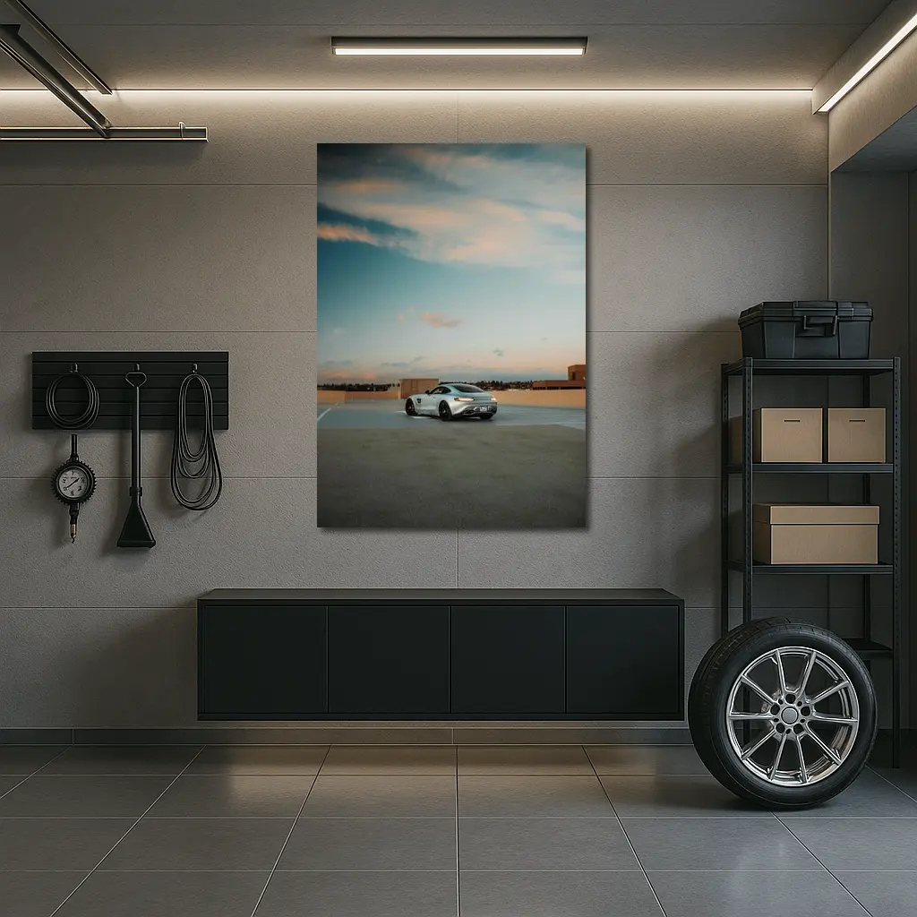 Mercedes AMG GT Silver Rooftop Sunset Sky – Wall Art