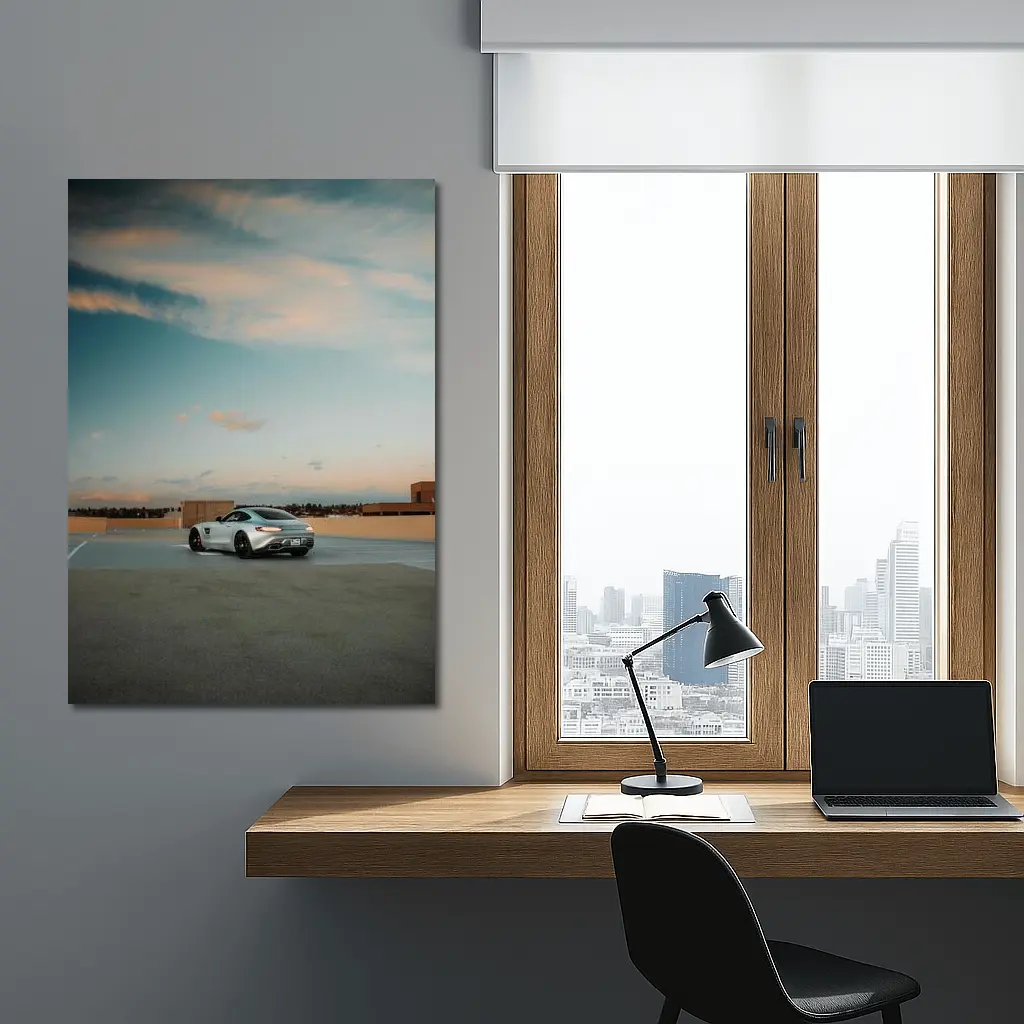 Mercedes AMG GT Silver Rooftop Sunset Sky – Wall Art
