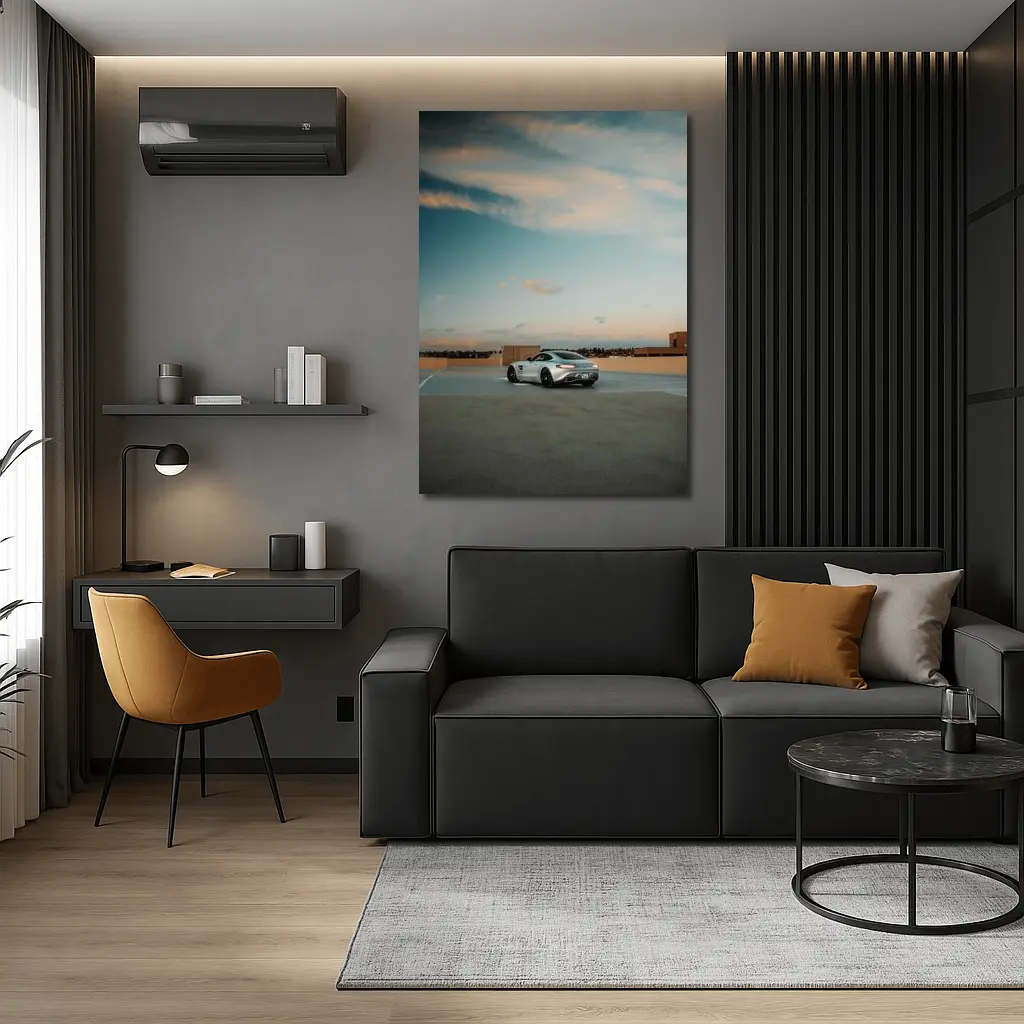 Mercedes AMG GT Silver Rooftop Sunset Sky – Wall Art