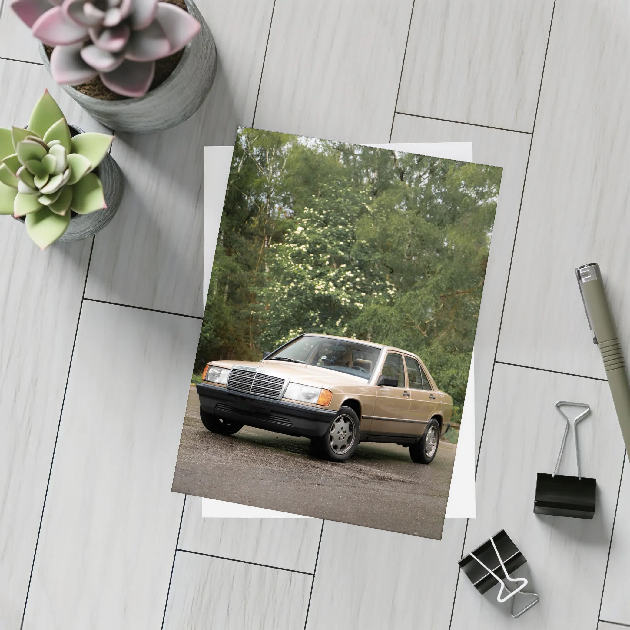 Mercedes 190E Classic Sedan Lush Green Background – Postcards