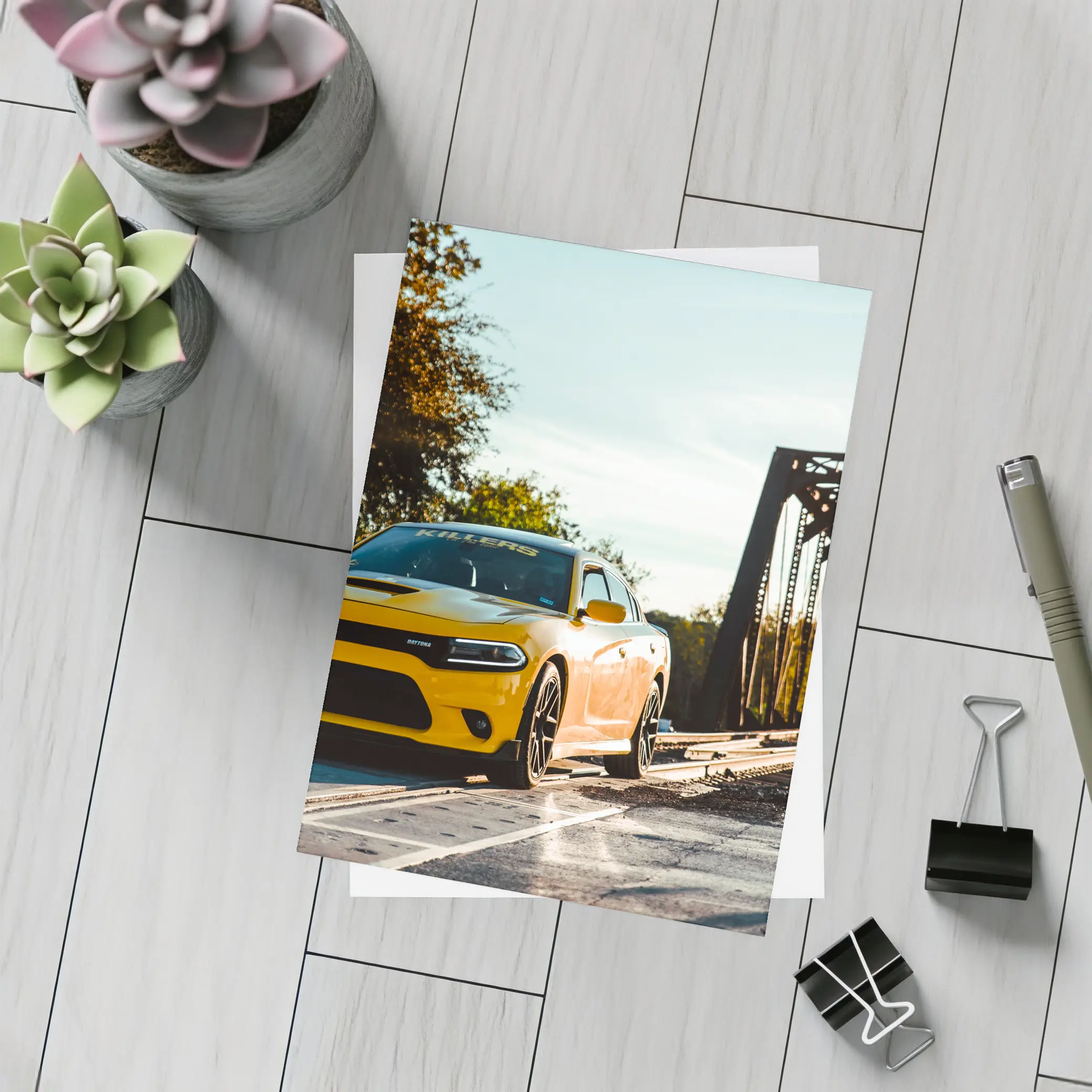 Dodge Charger Yellow Muscle Car Bridge – Postcards