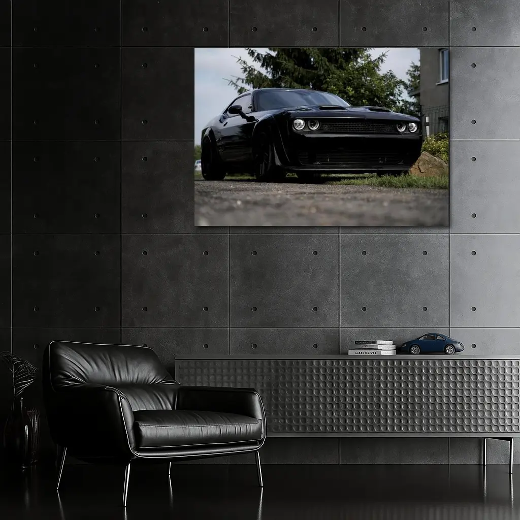 Black Dodge Challenger Parked On Street – Wall Art