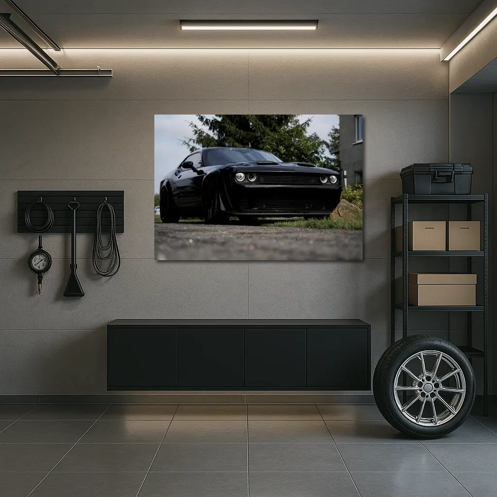 Black Dodge Challenger Parked On Street – Wall Art