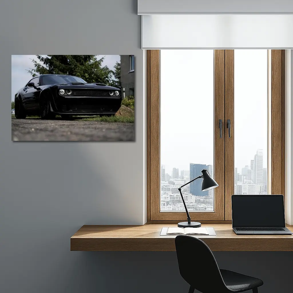 Black Dodge Challenger Parked On Street – Wall Art
