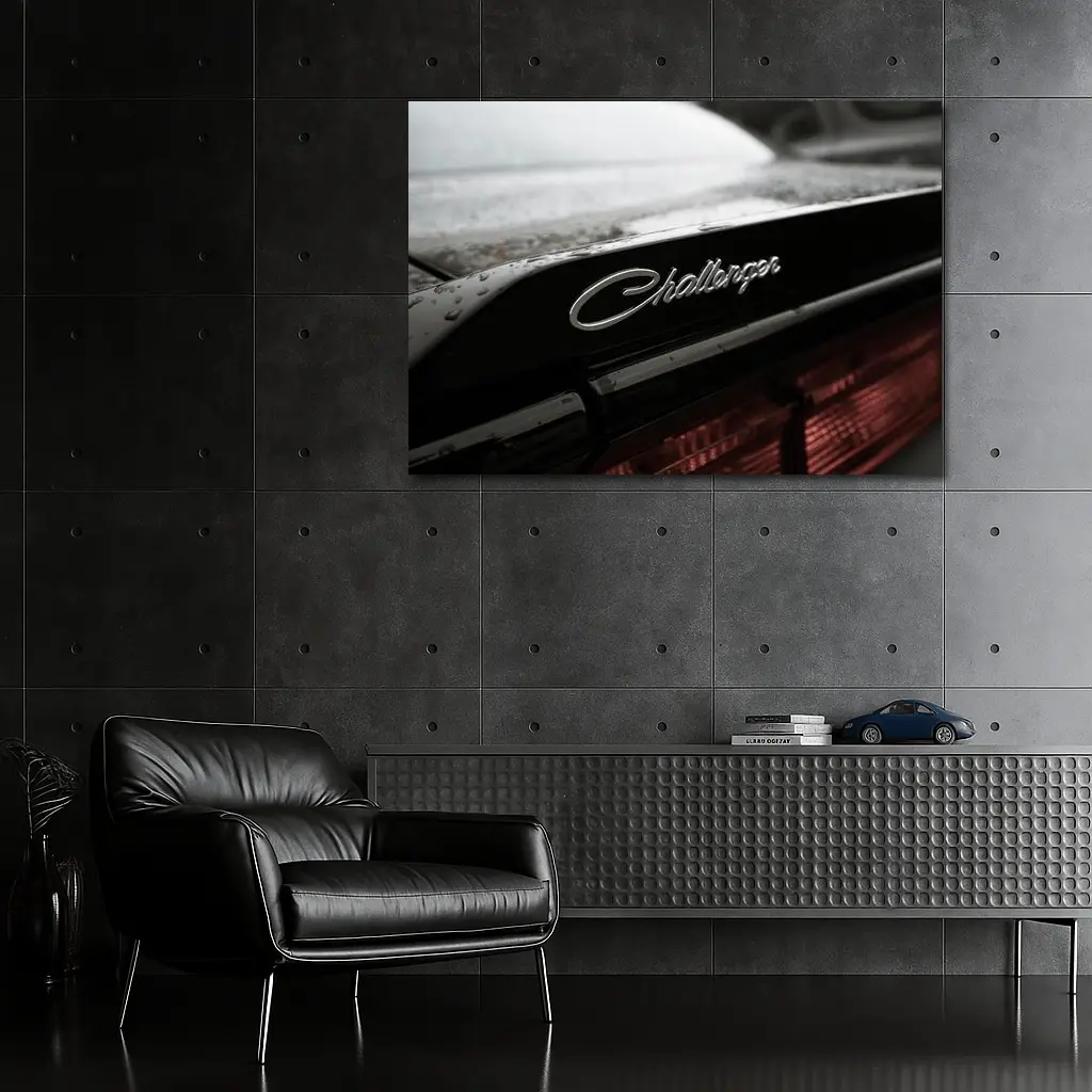 Dodge Challenger Badge Black Car Rainy Day – Wall Art