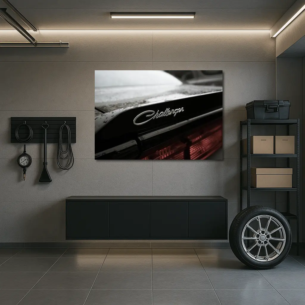 Dodge Challenger Badge Black Car Rainy Day – Wall Art