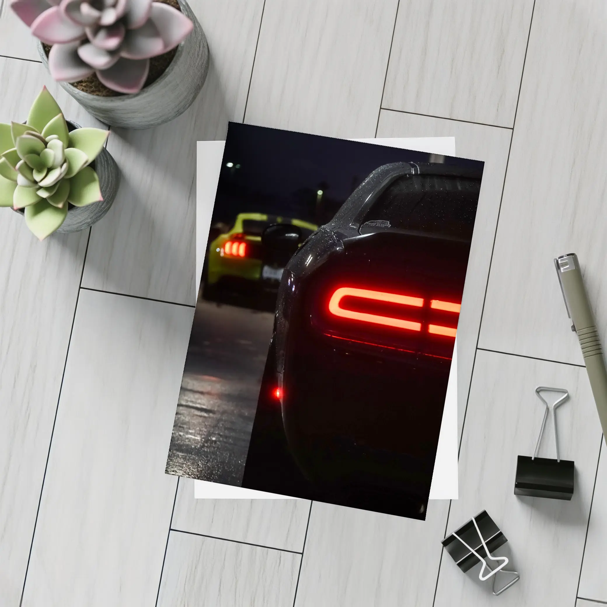 Dodge Challenger Tail Lights Night Parking Lot – Postcards