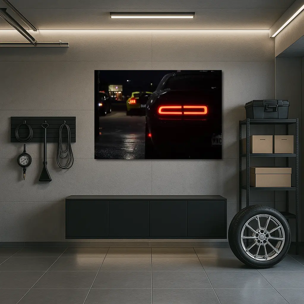 Dodge Challenger Tail Lights Night Parking Lot – Wall Art