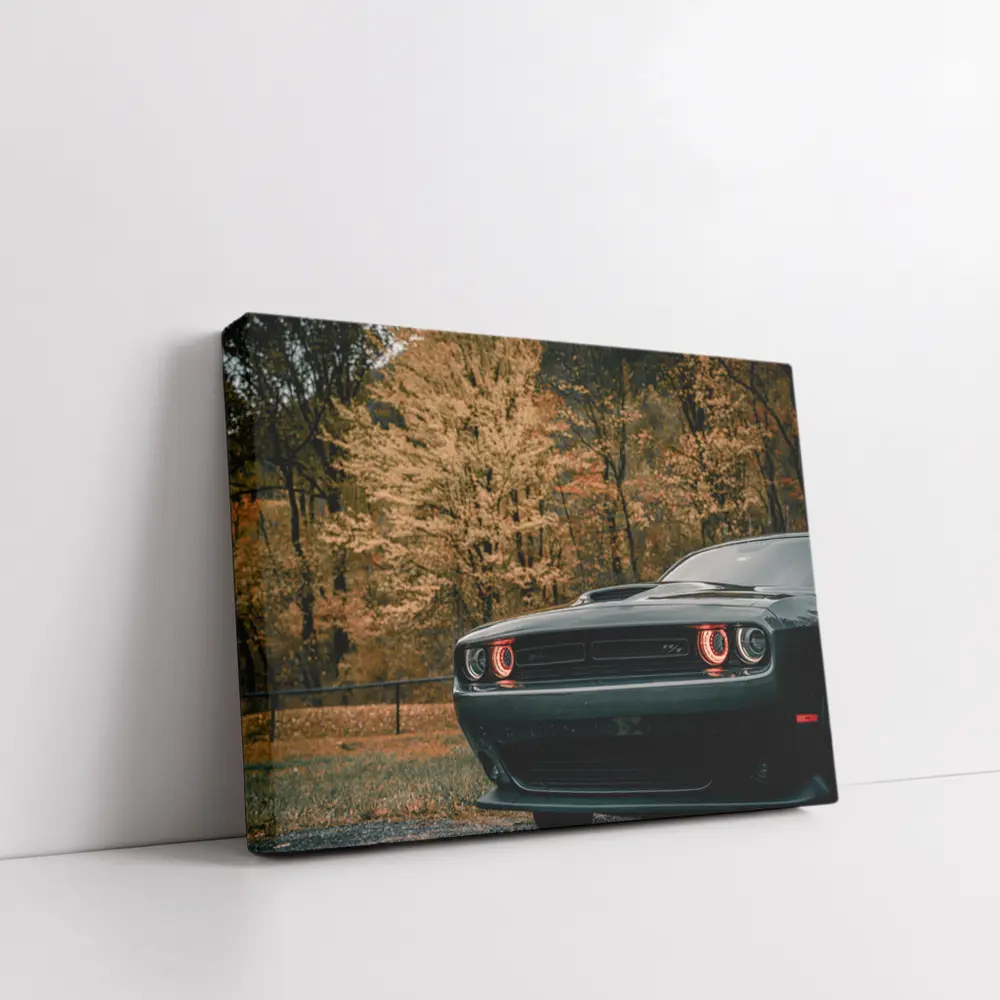 Dodge Challenger Dark Muscle Car Autumn Trees – Wall Art