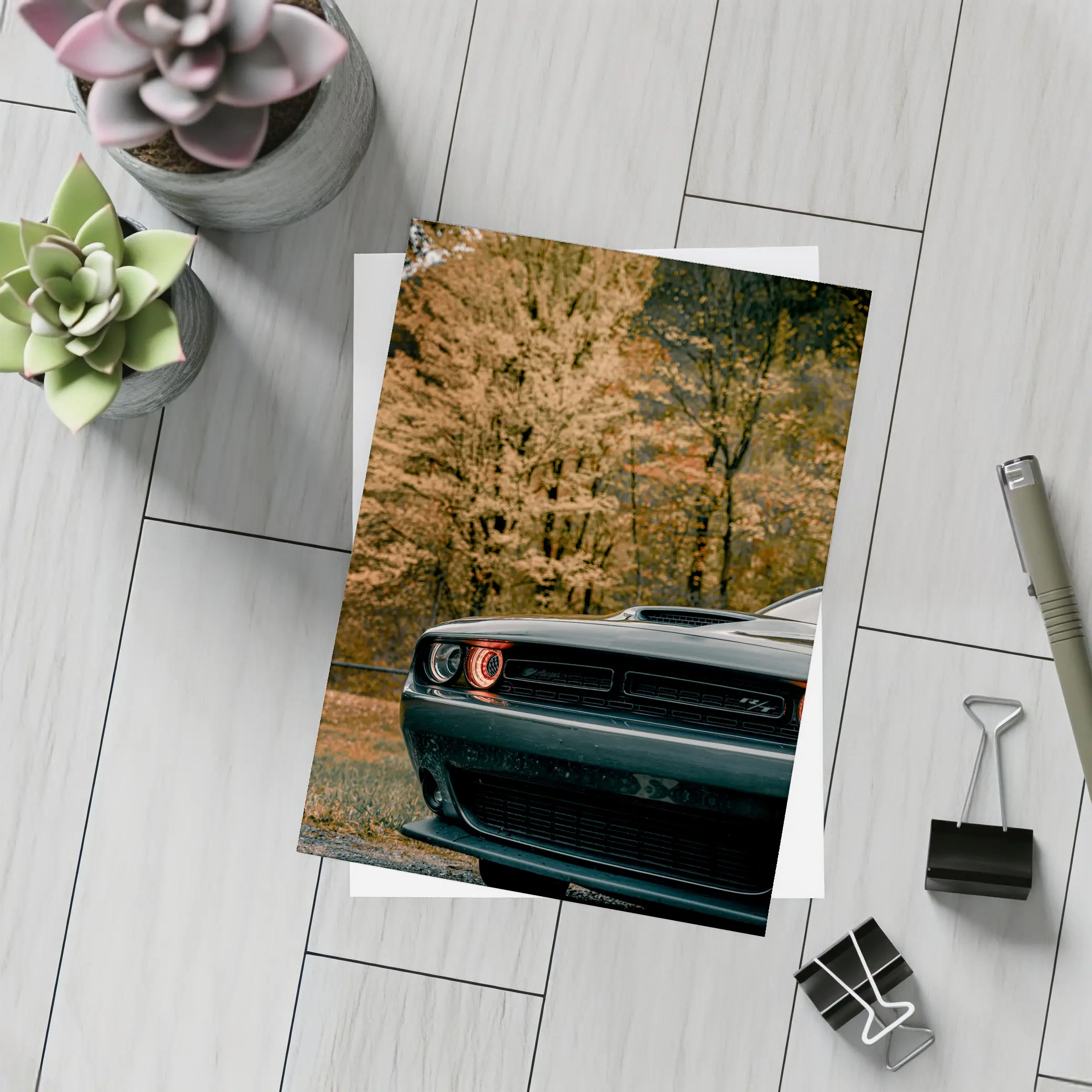 Dodge Challenger Dark Muscle Car Autumn Trees – Postcards