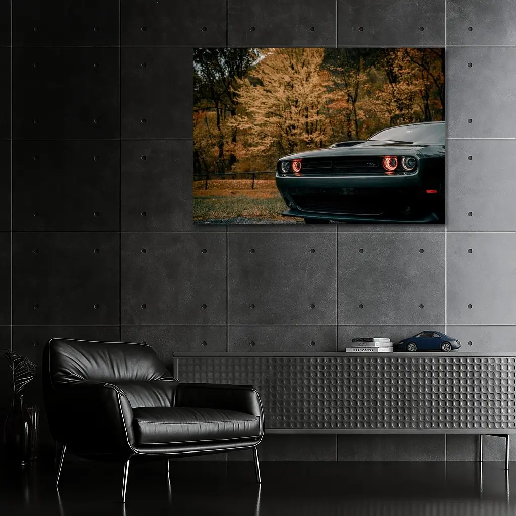 Dodge Challenger Dark Muscle Car Autumn Trees – Wall Art