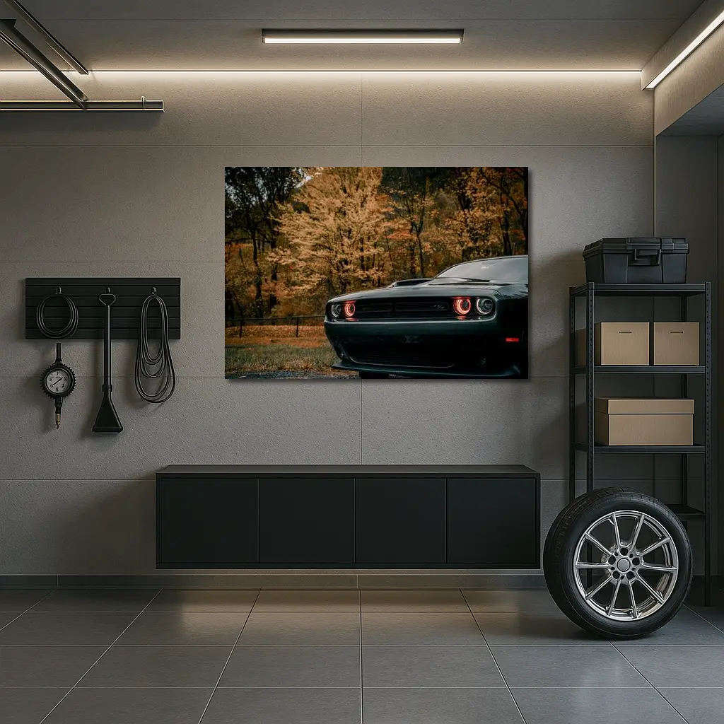 Dodge Challenger Dark Muscle Car Autumn Trees – Wall Art