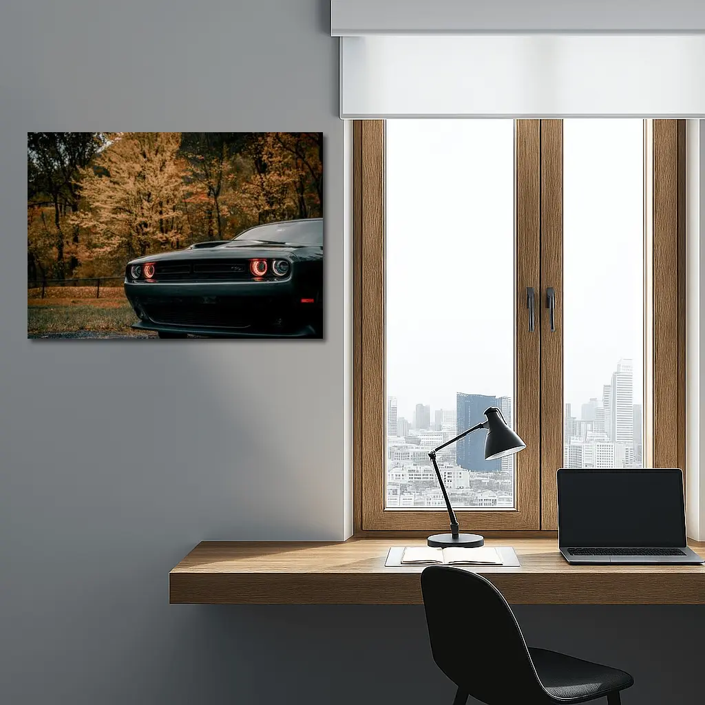 Dodge Challenger Dark Muscle Car Autumn Trees – Wall Art