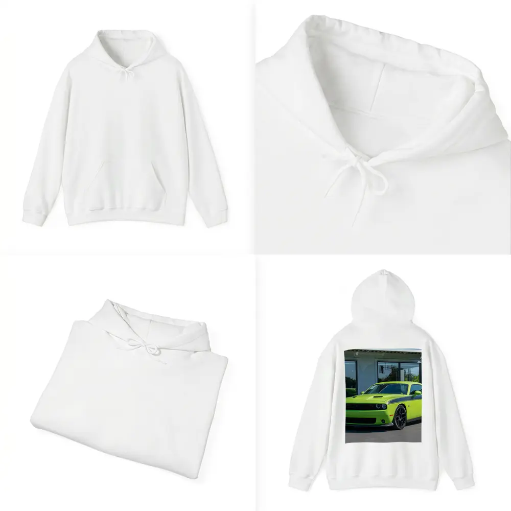Dodge Challenger Green Muscle Car Parked Outside – Hoodies