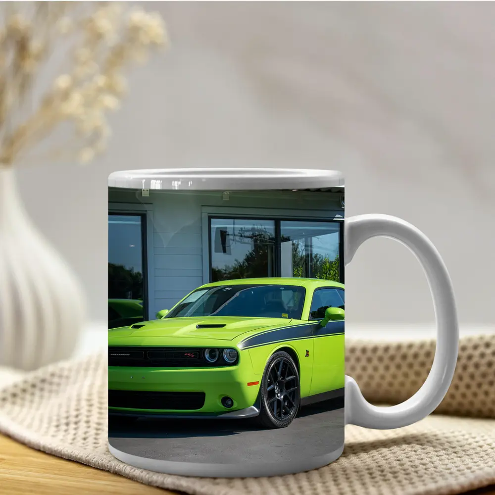 Dodge Challenger Green Muscle Car Parked Outside – Mugs