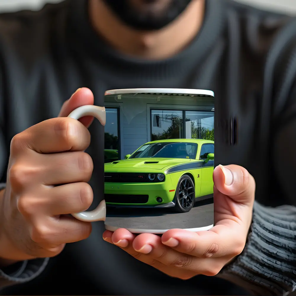 Dodge Challenger Green Muscle Car Parked Outside – Mugs
