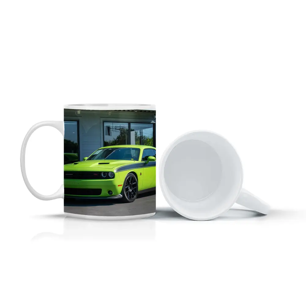 Dodge Challenger Green Muscle Car Parked Outside – Mugs