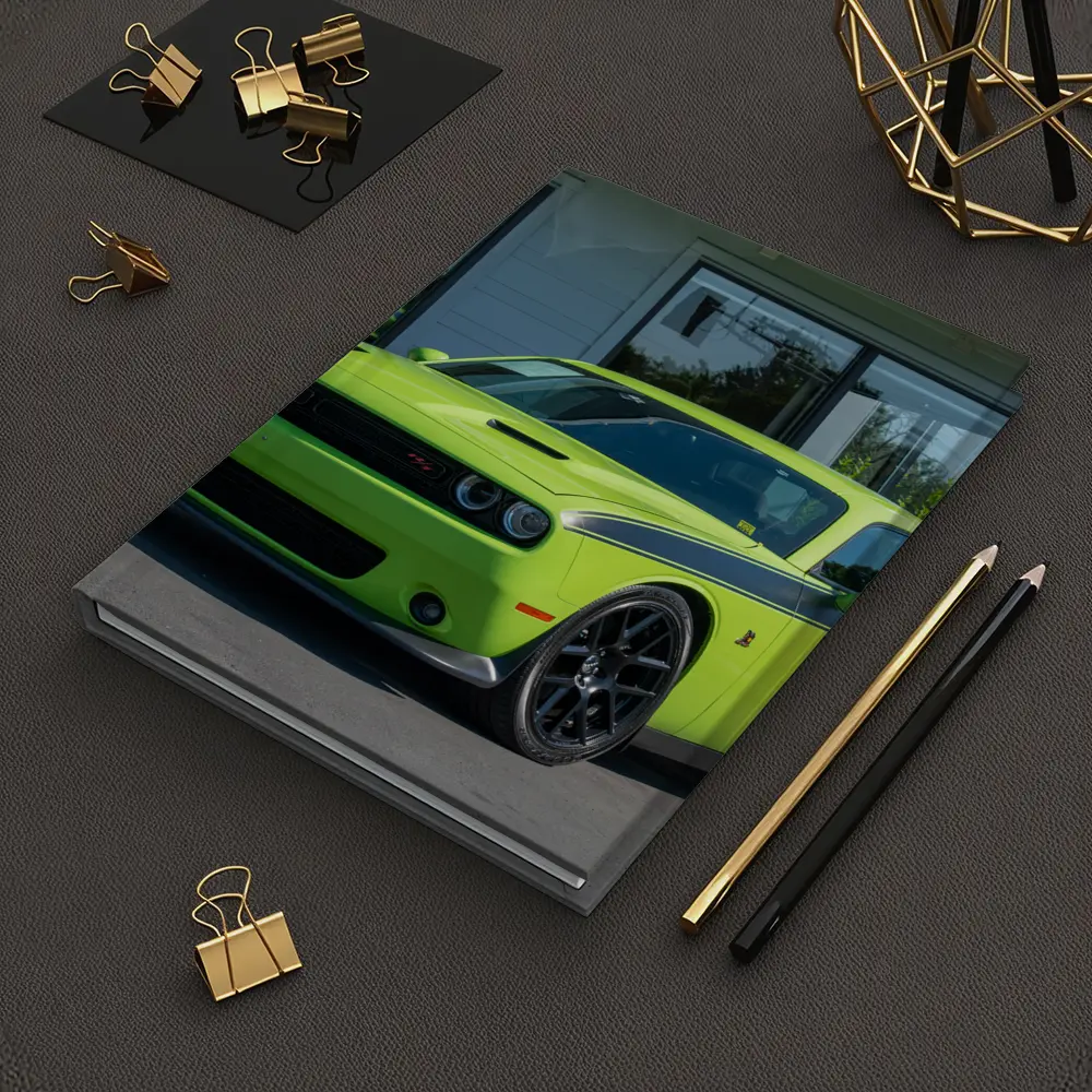 Dodge Challenger Green Muscle Car Parked Outside – Notebooks