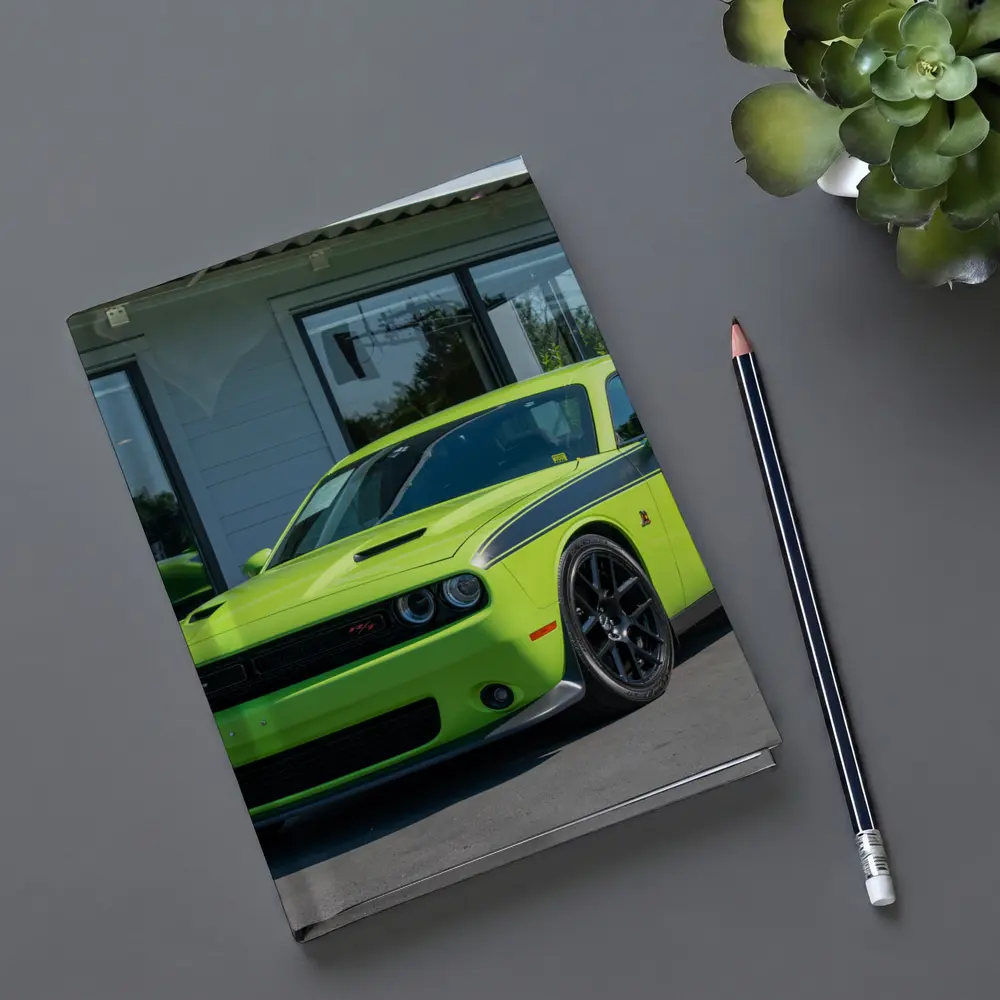 Dodge Challenger Green Muscle Car Parked Outside – Notebooks
