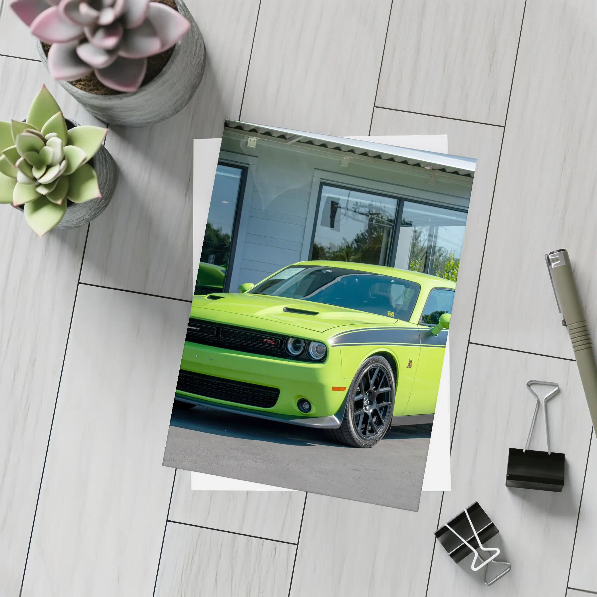 Dodge Challenger Green Muscle Car Parked Outside – Postcards