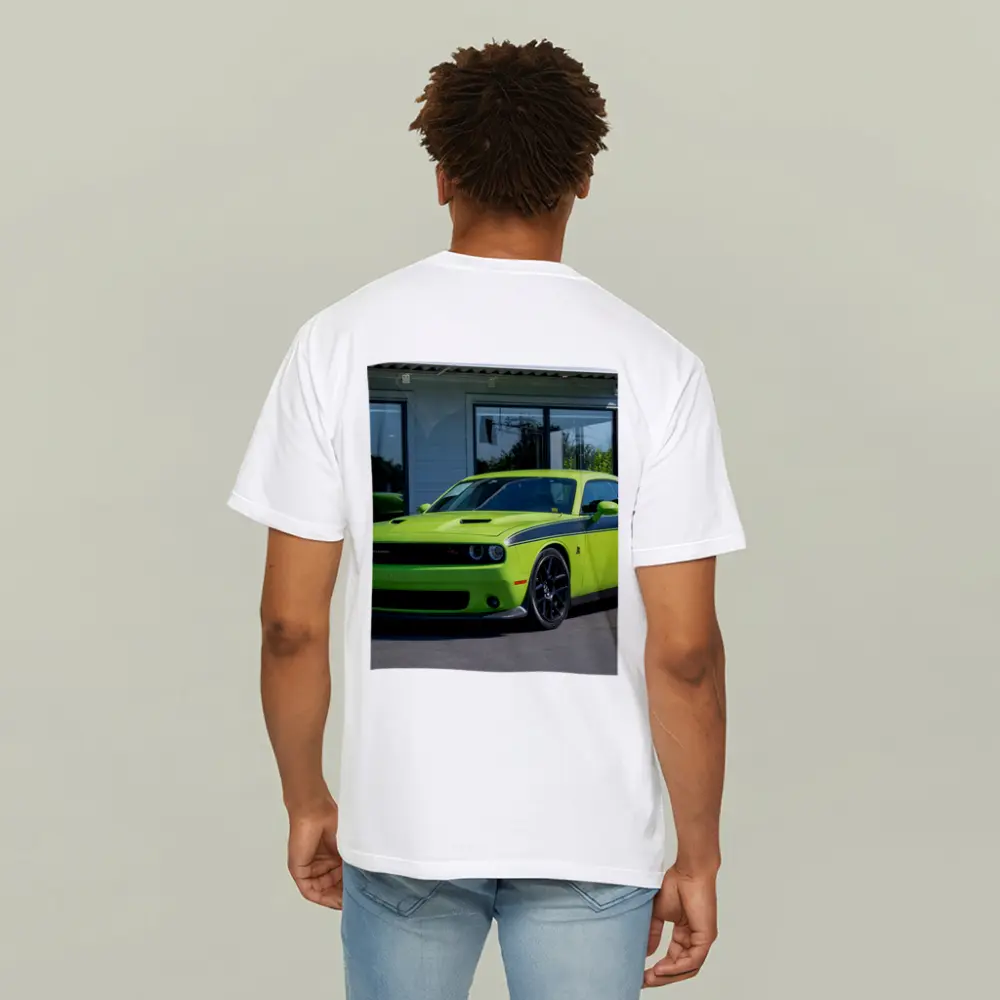 Dodge Challenger Green Muscle Car Parked Outside – T-Shirts