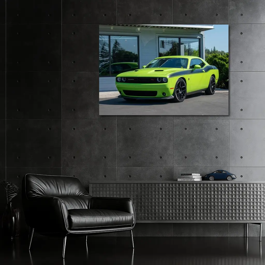 Dodge Challenger Green Muscle Car Parked Outside – Wall Art