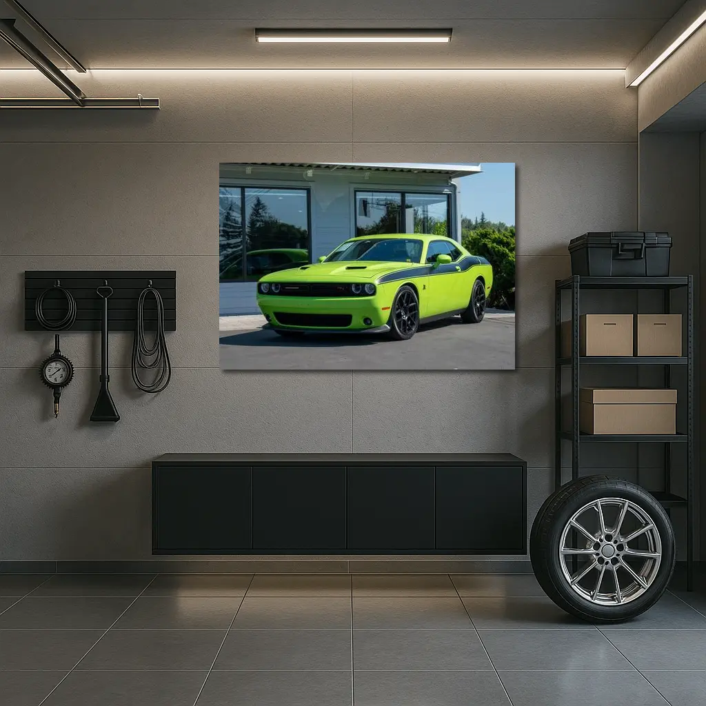 Dodge Challenger Green Muscle Car Parked Outside – Wall Art