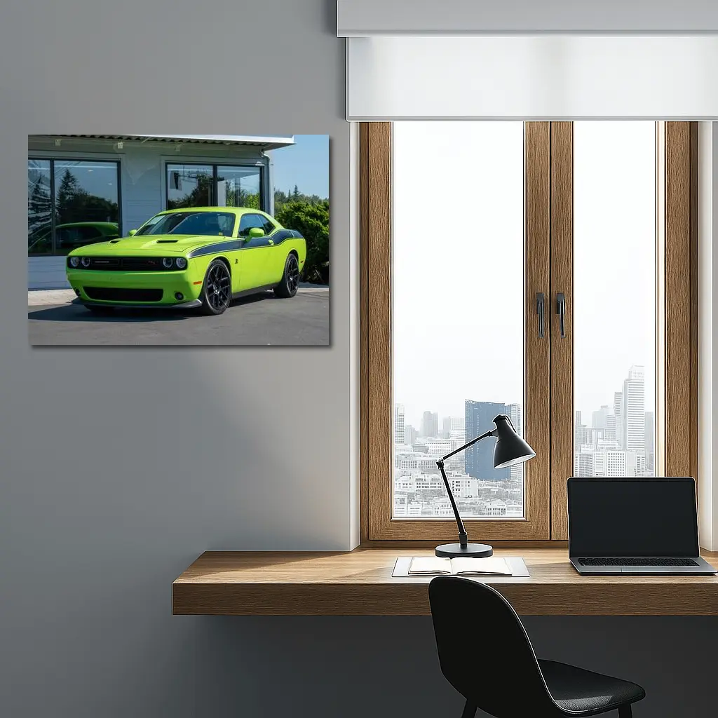 Dodge Challenger Green Muscle Car Parked Outside – Wall Art