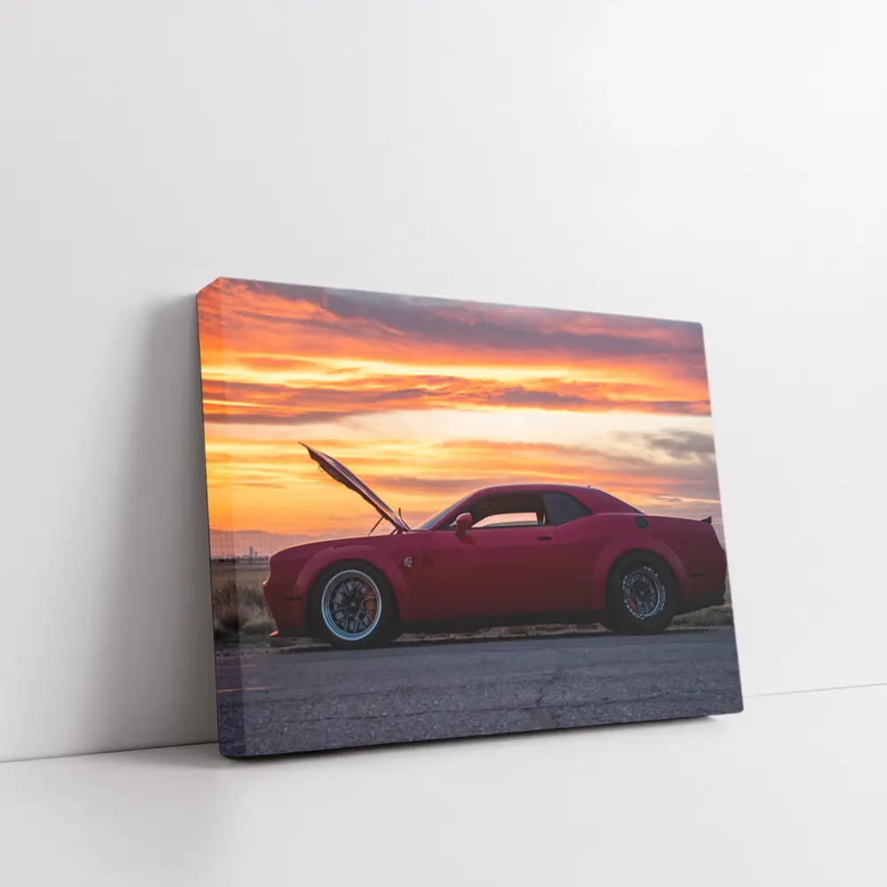 Dodge Challenger Red Muscle Car Sunset – Wall Art