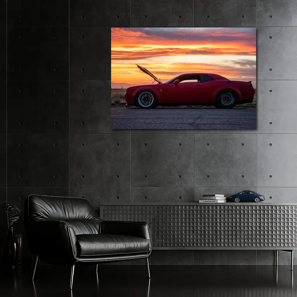 Dodge Challenger Red Muscle Car Sunset – Wall Art