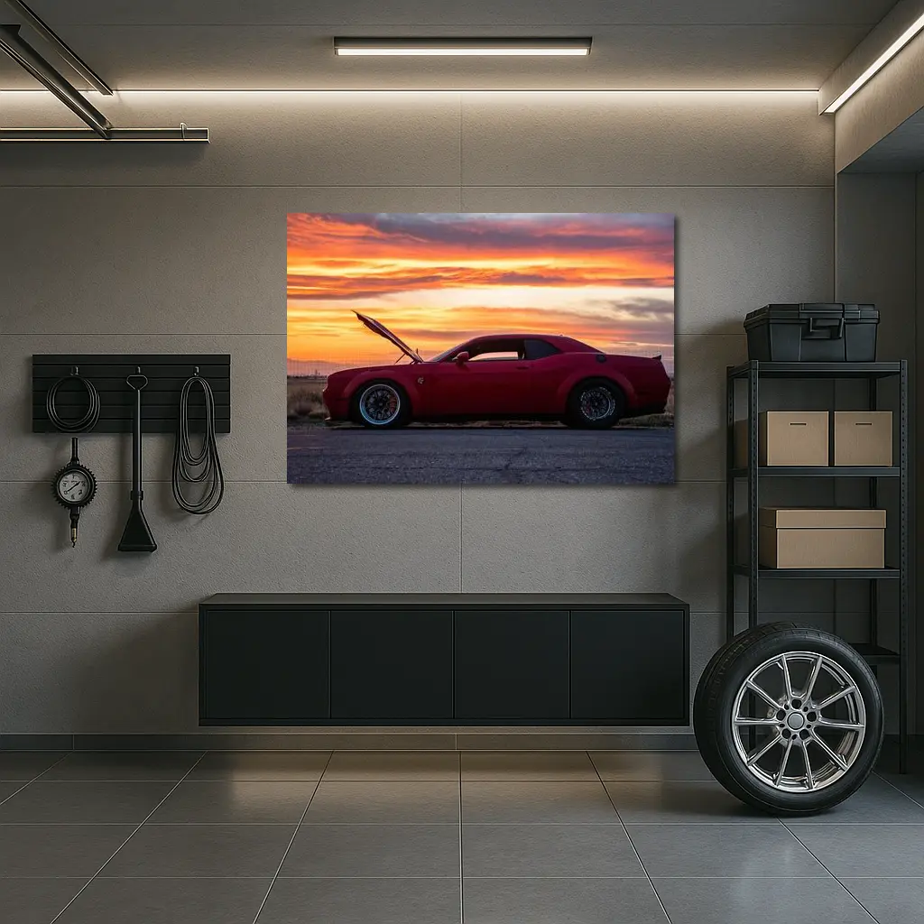 Dodge Challenger Red Muscle Car Sunset – Wall Art