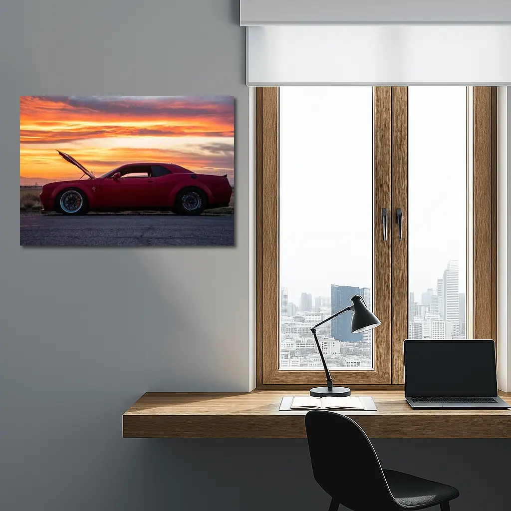 Dodge Challenger Red Muscle Car Sunset – Wall Art