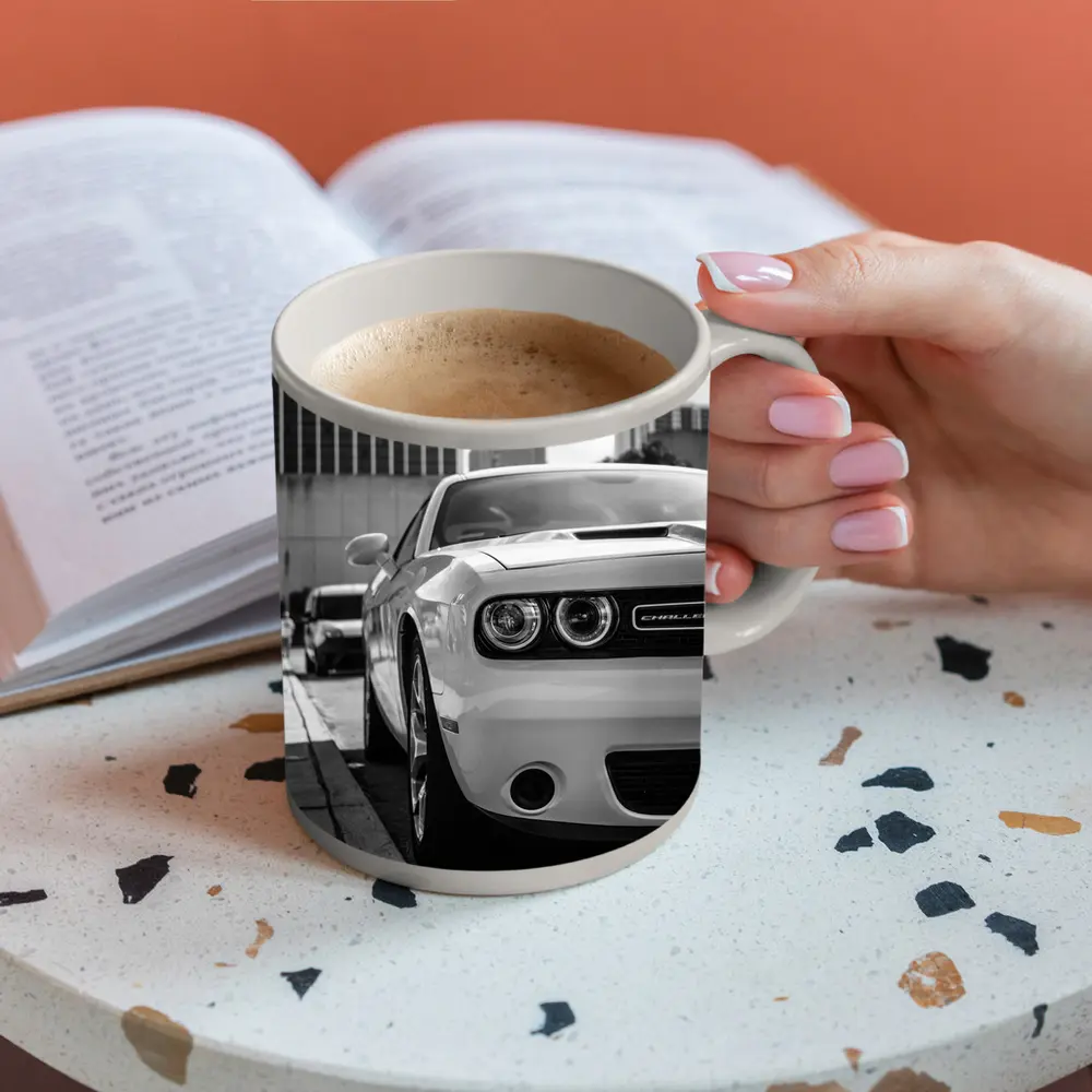 Dodge Challenger Black White Urban Street Shot – Mugs